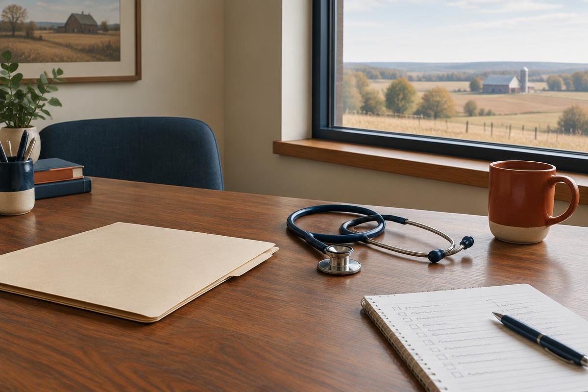 A clinician's desk overlooking a rural landscape